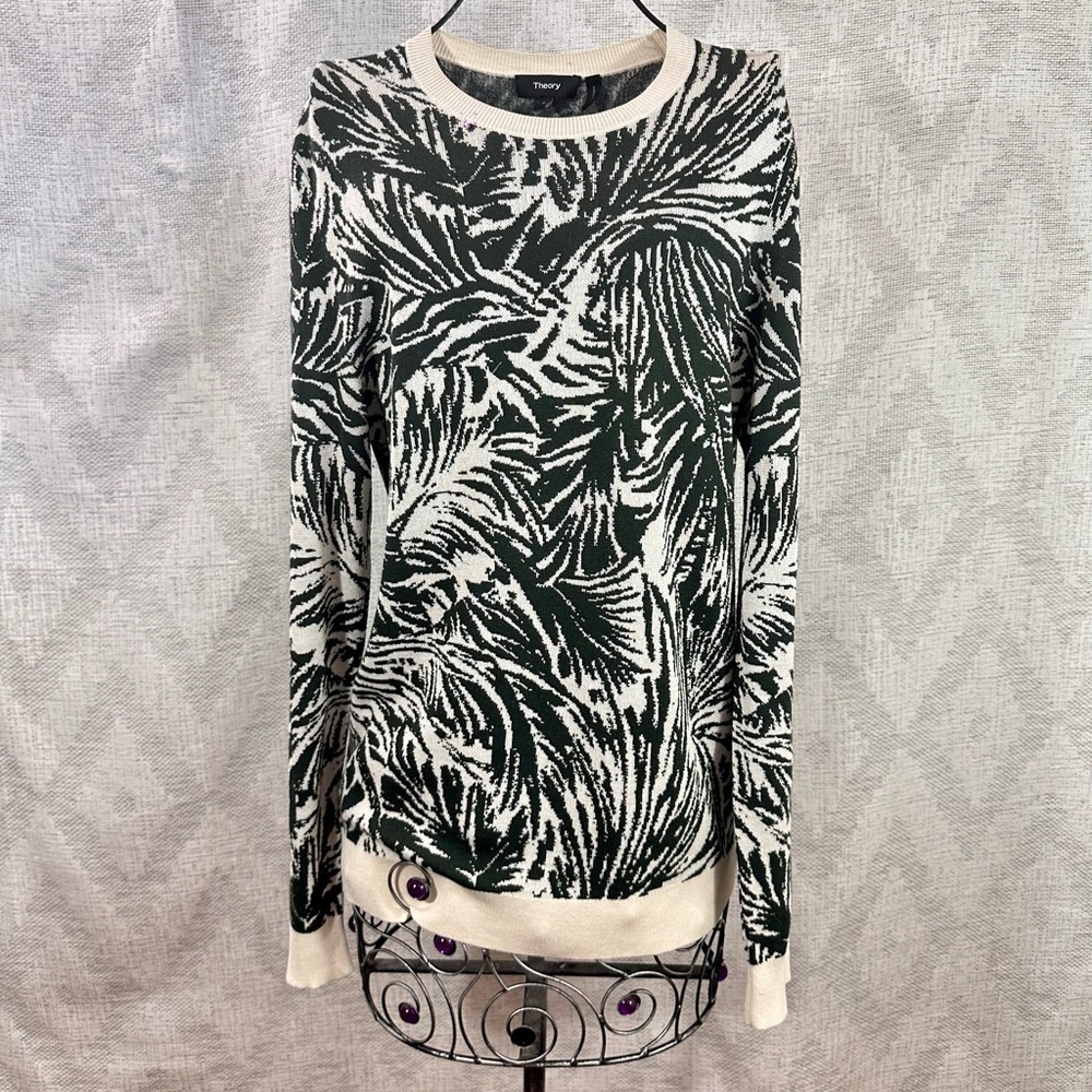 Theory green & cream printed silk & cashmere blend sweater size S